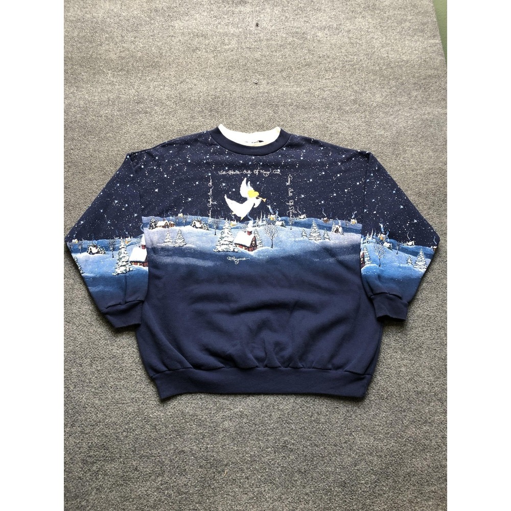 Vintage Artisans Sweatshirt Mens 2XL Blue Christmas Angel Winter Scene Graphic